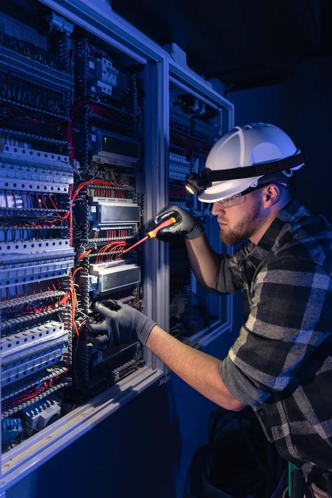Engineer testing equipment at an electrical panel